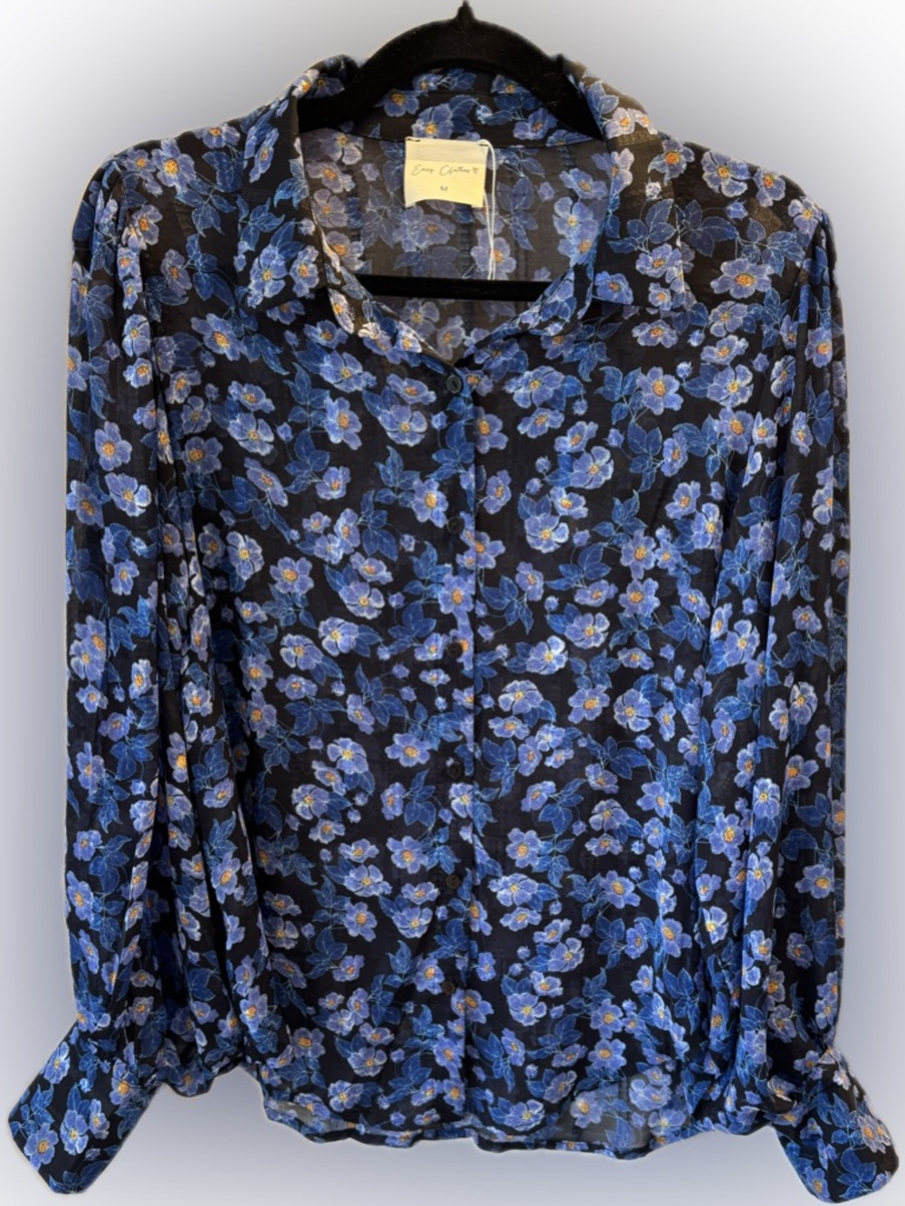 Easy Clothes Black Blue Floral Sheer Button Top M